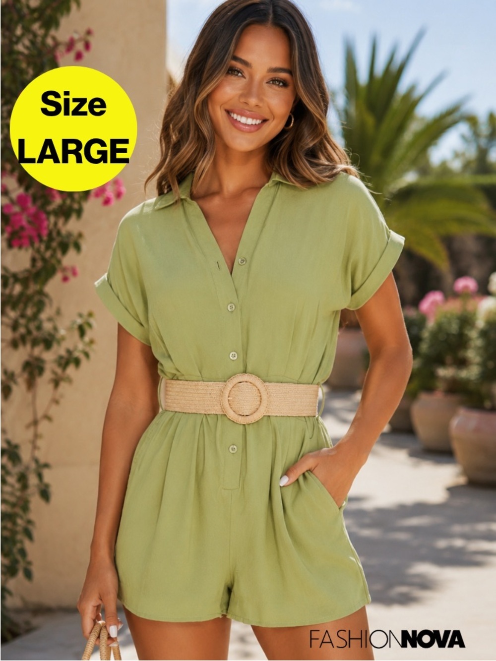 2/for $20 🪩 FASHION NOVA Green Shorts Romper, Removable Belt (Women’s Large)